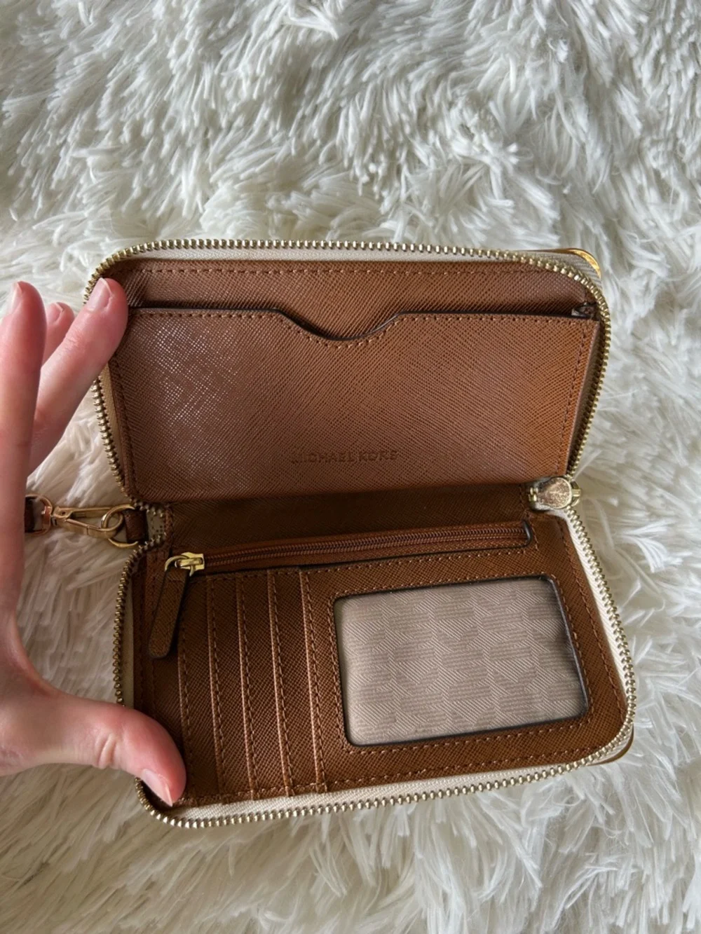 Michael Kors | Ivory/Beige Logo Wristlet with Gold Hardware